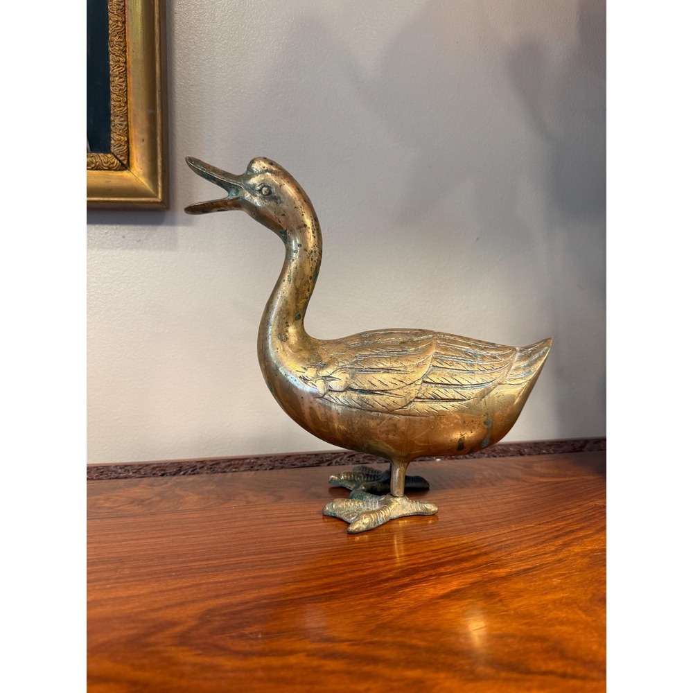 Vintage Brass Duck Sculpture • Large Mid Century Metal Bird Figurine with Patina